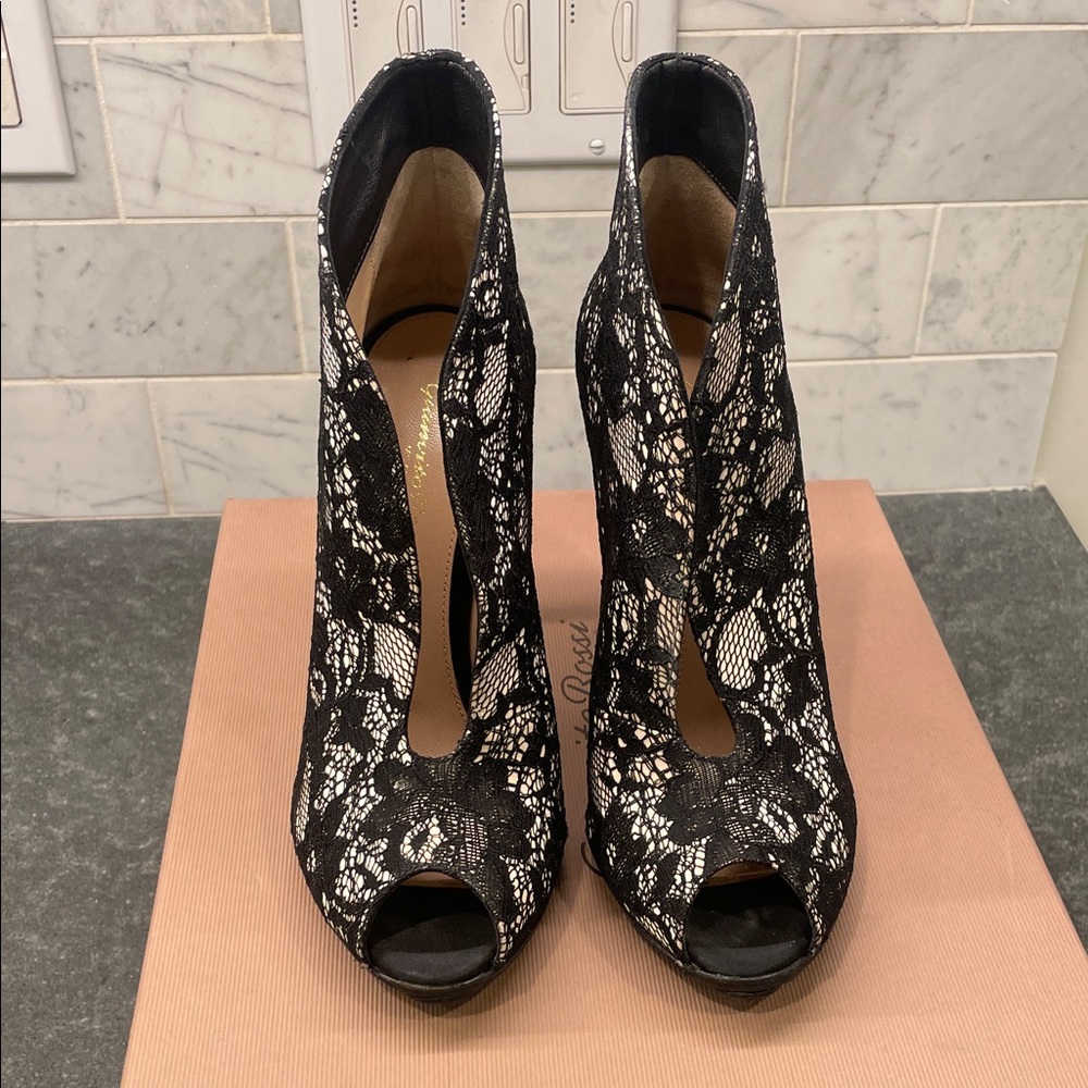Gianvito Rossi Black and White Lace Peep-Toe Heels
